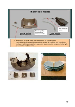 15
Termopares do tipo K usado nos compressores da Nuovo Pignone
Foi realizado teste de movimentos cíclicos, no cabo do termopar, com o intuito de
verificar a resistência mecânica e detectou-se que o mesmo se rompe por fadiga após
aproximadamente 80 atuações.
Rebaixo que deve
ser instalado no
sentido de rotação
Não deve existir
mossa
 