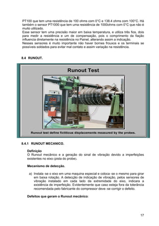 17
PT100 que tem uma resistência de 100 ohms com 0°C e 138.4 ohms com 100°C. Há
também o sensor PT1000 que tem uma resistência de 1000ohms com 0°C que não é
muito utilizado.
Esse sensor tem uma precisão maior em baixa temperatura, e utiliza três fios, dois
para medir a resistência e um de compensação, pois o comprimento da fiação
influencia diretamente na resistência no Painel, alterando assim a indicação.
Nesses sensores é muito importante não haver bornes frouxos e os terminais se
possíveis soldados para evitar mal contato e assim variação na resistência.
8.4 RUNOUT.
8.4.1 RUNOUT MECANICO.
Definição
O Runout mecânico e a geração do sinal de vibração devido a imperfeições
existentes no eixo (pista do probe).
Mecanismo de detecção.
a) Instala−se o eixo em uma maquina especial e coloca−se o mesmo para girar
em baixa rotação. A detecção de indicação de vibração, pelos sensores de
vibração instalado em cada lado da extremidade do eixo, indicara a
existência de imperfeição. Evidentemente que caso esteja fora da tolerância
recomendada pelo fabricante do compressor deve−se corrigir o defeito.
Defeitos que geram o Runout mecânico:
 