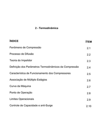 2 - Termodinâmica
ÍNDICE ÍTEM
Fenômeno de Compressão 2.1
Processo de Difusão 2.2
Teoria do Impelidor 2.3
Definição dos Parâmetros Termodinâmicos da Compressão 2.4
Característica de Funcionamento dos Compressores 2.5
Associação de Múltiplo Estágios 2.6
Curva da Máquina 2.7
Ponto de Operação 2.8
Limites Operacionais 2.9
Controle de Capacidade e anti-Surge 2.10
 