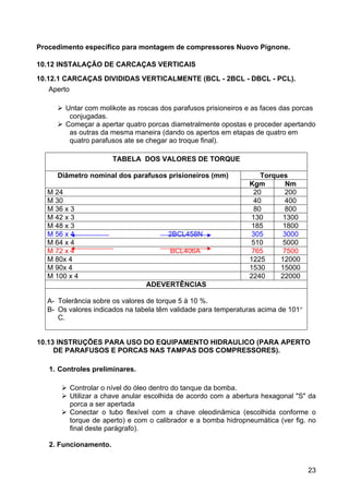 23
Procedimento específico para montagem de compressores Nuovo Pignone.
10.12 INSTALAÇÃO DE CARCAÇAS VERTICAIS
10.12.1 CARCAÇAS DIVIDIDAS VERTICALMENTE (BCL - 2BCL - DBCL - PCL).
Aperto
Untar com molikote as roscas dos parafusos prisioneiros e as faces das porcas
conjugadas.
Começar a apertar quatro porcas diametralmente opostas e proceder apertando
as outras da mesma maneira (dando os apertos em etapas de quatro em
quatro parafusos ate se chegar ao troque final).
TABELA DOS VALORES DE TORQUE
TorquesDiâmetro nominal dos parafusos prisioneiros (mm)
Kgm Nm
M 24 20 200
M 30 40 400
M 36 x 3 80 800
M 42 x 3 130 1300
M 48 x 3 185 1800
M 56 x 4 2BCL458N 305 3000
M 64 x 4 510 5000
M 72 x 4 BCL406A 765 7500
M 80x 4 1225 12000
M 90x 4 1530 15000
M 100 x 4 2240 22000
ADEVERTÊNCIAS
A- Tolerância sobre os valores de torque 5 à 10 %.
B- Os valores indicados na tabela têm validade para temperaturas acima de 101°
C.
10.13 INSTRUÇÕES PARA USO DO EQUIPAMENTO HIDRAULICO (PARA APERTO
DE PARAFUSOS E PORCAS NAS TAMPAS DOS COMPRESSORES).
1. Controles preliminares.
Controlar o nível do óleo dentro do tanque da bomba.
Utilizar a chave anular escolhida de acordo com a abertura hexagonal "S" da
porca a ser apertada
Conectar o tubo flexível com a chave oleodinâmica (escolhida conforme o
torque de aperto) e com o calibrador e a bomba hidropneumática (ver fig. no
final deste parágrafo).
2. Funcionamento.
 