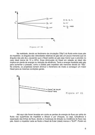 6
Na realidade, devido ao fenômeno de circulação ("Slip") do fluido entre duas pás
do impelidor, os ângulos das velocidades relativas do gás são um pouco menores que os
ângulos das pás (β2),.causando que o Head cedido ao gás seja menor que o previsto no
caso ideal (cerca de 10 a 20%). Essa diminuição do Head em relação ao ideal não
implica em perda de energia ou redução da eficiência. Tanto a energia recebida pelo gás
para aumentar a pressão, como a cedida pelo impelidor são menores devido ao “Slip”.
No entanto, os projetistas tentam diminuir o fenômeno de modo a conseguir um maior
Head para as mesmas condições gerais.
Até aqui não foram levadas em conta as perdas de energia do fluxo por atrito do
fluido nas superfícies de impelidor e difusor e por choques, ou seja, turbulência e
separação das linhas de fluxo, devido a mudanças de direção ou incidência do fluxo nas
pás. Assim o impelidor cede ao fluido o Head de Euler (ideal) menos o "SLIP". Porém só
 