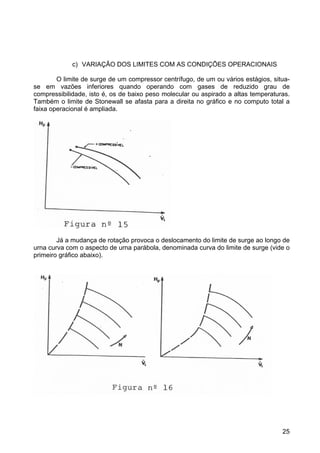 25
c) VARIAÇÃO DOS LIMITES COM AS CONDIÇÕES OPERACIONAIS
O limite de surge de um compressor centrífugo, de um ou vários estágios, situa-
se em vazões inferiores quando operando com gases de reduzido grau de
compressibilidade, isto é, os de baixo peso molecular ou aspirado a altas temperaturas.
Também o limite de Stonewall se afasta para a direita no gráfico e no computo total a
faixa operacional é ampliada.
Já a mudança de rotação provoca o deslocamento do limite de surge ao longo de
urna curva com o aspecto de urna parábola, denominada curva do limite de surge (vide o
primeiro gráfico abaixo).
 