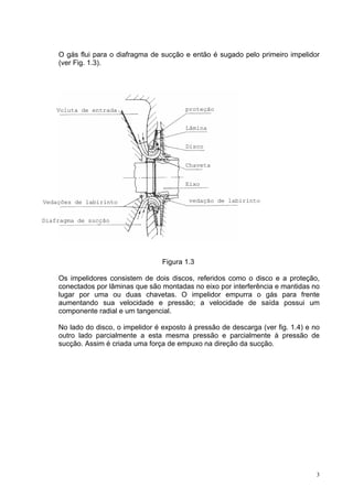 3
O gás flui para o diafragma de sucção e então é sugado pelo primeiro impelidor
(ver Fig. 1.3).
Figura 1.3
Os impelidores consistem de dois discos, referidos como o disco e a proteção,
conectados por lâminas que são montadas no eixo por interferência e mantidas no
lugar por uma ou duas chavetas. O impelidor empurra o gás para frente
aumentando sua velocidade e pressão; a velocidade de saída possui um
componente radial e um tangencial.
No lado do disco, o impelidor é exposto à pressão de descarga (ver fig. 1.4) e no
outro lado parcialmente a esta mesma pressão e parcialmente à pressão de
sucção. Assim é criada uma força de empuxo na direção da sucção.
Voluta de entrada proteção
Lâmina
Disco
Chaveta
Eixo
Vedações de labirinto vedação de labirinto
Diafragma de sucção
 