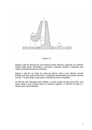 4
Figura 1.4
Depois o gás flui através de uma câmara circular (difusor), seguindo um caminho
espiral onde perde velocidade e aumenta a pressão (devido à equação para
vazão de fluidos através de condutos).
Depois o gás flui ao longo do canal de retorno; este é uma câmara circular
limitada por dois anéis que formam o diafragma intermediário que possui lâminas
(ver fig. 1.5) para dirigir o gás para a entrada do próximo impelidor.
As lâminas são dispostas para retificar a vazão espiral do gás para obter uma
saída radial e uma entrada axial no impulsor seguinte. O caminho do gás é o
mesmo para cada impelidor.
 