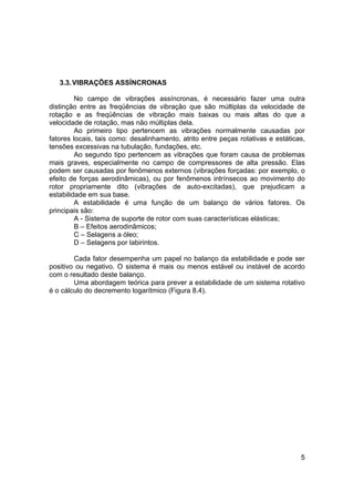 5
3.3.VIBRAÇÕES ASSÍNCRONAS
No campo de vibrações assíncronas, é necessário fazer uma outra
distinção entre as freqüências de vibração que são múltiplas da velocidade de
rotação e as freqüências de vibração mais baixas ou mais altas do que a
velocidade de rotação, mas não múltiplas dela.
Ao primeiro tipo pertencem as vibrações normalmente causadas por
fatores locais, tais como: desalinhamento, atrito entre peças rotativas e estáticas,
tensões excessivas na tubulação, fundações, etc.
Ao segundo tipo pertencem as vibrações que foram causa de problemas
mais graves, especialmente no campo de compressores de alta pressão. Elas
podem ser causadas por fenômenos externos (vibrações forçadas: por exemplo, o
efeito de forças aerodinâmicas), ou por fenômenos intrínsecos ao movimento do
rotor propriamente dito (vibrações de auto-excitadas), que prejudicam a
estabilidade em sua base.
A estabilidade é uma função de um balanço de vários fatores. Os
principais são:
A - Sistema de suporte de rotor com suas características elásticas;
B – Efeitos aerodinâmicos;
C – Selagens a óleo;
D – Selagens por labirintos.
Cada fator desempenha um papel no balanço da estabilidade e pode ser
positivo ou negativo. O sistema é mais ou menos estável ou instável de acordo
com o resultado deste balanço.
Uma abordagem teórica para prever a estabilidade de um sistema rotativo
é o cálculo do decremento logarítmico (Figura 8.4).
 