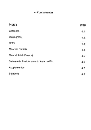 4- Componentes
ÍNDICE ÍTEM
Carcaças 4.1
Diafragmas 4.2
Rotor 4.3
Mancais Radiais 4.4
Mancal Axial (Escora) 4.5
Sistema de Posicionamento Axial do Eixo 4.6
Acoplamentos 4.7
Selagens 4.8
 
