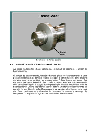 19
Detalhes do Colar de Escora
4.6 SISTEMA DE POSICIONAMENTO AXIAL DO EIXO.
As peças fundamentais desse sistema são o mancal de escora, e o tambor de
balanceamento.
O tambor de balanceamento, também chamado pistão de balanceamento, é uma
peça cilíndrica fixada ao conjunto rotativo logo após o último impelidor como objetivo
de gerar uma força contrária ao empuxo axial. A face interna do tambor fica
naturalmente exposta à condição final do gás, enquanto a outra face fica em contato
com uma câmara ligada à sucção do compressor por um tubo denominado linha de
balanceamento. Origina-se portanto, sobre o tambor uma força que corresponde ao
produto do seu diâmetro pela diferença entre as pressões atuantes em cada uma
das faces, praticamente equivalentes às pressões de sucção e descarga do
compressor. O esquema da figura 13.17 mostra esse funcionamento.
 