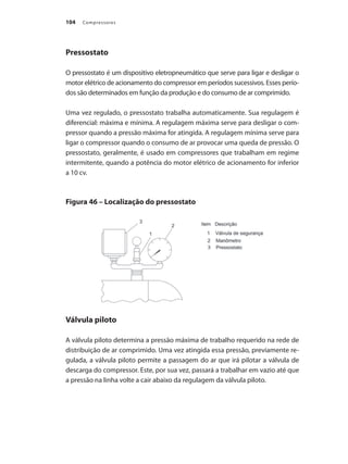 Compressores104
Pressostato
O pressostato é um dispositivo eletropneumático que serve para ligar e desligar o
motor elétrico de acionamento do compressor em períodos sucessivos. Esses perío-
dos são determinados em função da produção e do consumo de ar comprimido.
Uma vez regulado, o pressostato trabalha automaticamente. Sua regulagem é
diferencial: máxima e mínima. A regulagem máxima serve para desligar o com-
pressor quando a pressão máxima for atingida. A regulagem mínima serve para
ligar o compressor quando o consumo de ar provocar uma queda de pressão. O
pressostato, geralmente, é usado em compressores que trabalham em regime
intermitente, quando a potência do motor elétrico de acionamento for inferior
a 10 cv.
Figura 46 – Localização do pressostato
Válvula piloto
A válvula piloto determina a pressão máxima de trabalho requerido na rede de
distribuição de ar comprimido. Uma vez atingida essa pressão, previamente re-
gulada, a válvula piloto permite a passagem do ar que irá pilotar a válvula de
descarga do compressor. Este, por sua vez, passará a trabalhar em vazio até que
a pressão na linha volte a cair abaixo da regulagem da válvula piloto.
Compressores.indd 104 9/12/2008 16:41:53
 