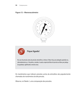 Compressores34
Fique ligado!
Figura 12 – Manovacuômetro
No caso de pressão acima da pressão atmosférica a leitura é libras-força por polegada quadrada ou,
abreviadamente p.s.i. Na prática, contudo, é usada a expressão libras de pressão ou libras por polega-
da quadrada, significando a mesma coisa.
Os manômetros que indicam pressões acima da atmosfera são popularmente
chamados de manômetros de alta pressão.
Observe, na Tabela 1, uma comparação das pressões.
Compressores.indd 34 9/12/2008 16:40:56
 