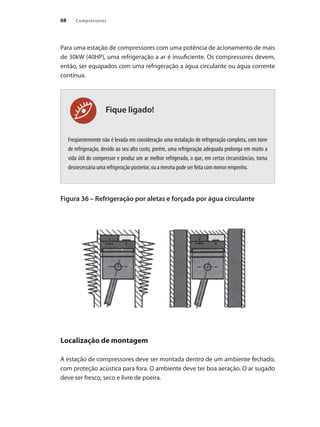 Compressores68
Fique ligado!
Para uma estação de compressores com uma potência de acionamento de mais
de 30kW (40HP), uma refrigeração a ar é insuficiente. Os compressores devem,
então, ser equipados com uma refrigeração a água circulante ou água corrente
contínua.
Freqüentemente não é levada em consideração uma instalação de refrigeração completa, com torre
de refrigeração, devido ao seu alto custo, porém, uma refrigeração adequada prolonga em muito a
vida útil do compressor e produz um ar melhor refrigerado, o que, em certas circunstâncias, torna
desnecessária uma refrigeração posterior, ou a mesma pode ser feita com menor empenho.
Figura 36 – Refrigeração por aletas e forçada por água circulante
Localização de montagem
A estação de compressores deve ser montada dentro de um ambiente fechado,
com proteção acústica para fora. O ambiente deve ter boa aeração. O ar sugado
deve ser fresco, seco e livre de poeira.
Compressores.indd 68 9/12/2008 16:41:23
 