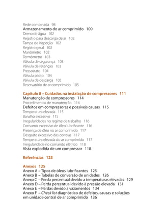 Rede combinada 98
Armazenamento do ar comprimido 100
Dreno de água 102
Registro para descarga de ar 102
Tampa de inspeção 102
Registro geral 102
Manômetro 102
Termômetro 103
Válvula de segurança 103
Válvula de retenção 103
Pressostato 104
Válvula piloto 104
Válvula de descarga 105
Reservatório de ar comprimido 105
Capítulo 8 – Cuidados na instalação de compressores 111
Manutenção de compressores 114
Procedimentos de manutenção 114
Defeitos em compressores e possíveis causas 115
Temperatura elevada 115
Barulho excessivo 115
Irregularidades no regime de trabalho 116
Consumo excessivo de óleo lubrificante 116
Presença de óleo no ar comprimido 117
Desgaste excessivo das correias 117
Temperatura elevada do ar comprimido 117
Irregularidade no comando elétrico 118
Vista explodida de um compressor 118
Referências 123
Anexos 125
Anexo A 	– Tipos de óleos lubrificantes 125
Anexo B 	– Tabelas de conversão de unidades 126
Anexo C 	– Perda percentual devido a temperaturas elevadas 129
Anexo D – Perda percentual devido à pressão elevada 131
Anexo E 	– Perdas devido a vazamentos 134
Anexo F 	– Check list diagnóstico de defeitos, causas e soluções
em unidade central de ar comprimido 136
Compressores.indd 7 9/12/2008 16:40:14
 