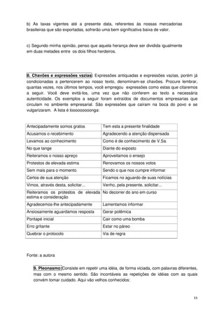 b) As taxas vigentes até a presente data, referentes às nossas mercadorias
brasileiras que são exportadas, sofrerão uma bem significativa baixa de valor.


c) Segundo minha opinião, penso que aquela herança deve ser dividida igualmente
em duas metades entre os dois filhos herdeiros.




8. Chavões e expressões vazias: Expressões antiquadas e expressões vazias, porém já
condicionadas a pertencerem ao nosso texto, denominam-se chavões. Procure lembrar,
quantas vezes, nos últimos tempos, você empregou expressões como estas que citaremos
a seguir. Você deve evitá-los, uma vez que não conferem ao texto a necessária
autenticidade. Os exemplos a seguir foram extraídos de documentos empresarias que
circulam no ambiente empresarial. São expressões que caíram na boca do povo e se
vulgarizaram. A lista é looooooooonga:


Antecipadamente somos gratos           Tem esta a presente finalidade
Acusamos o recebimento                 Agradecendo a atenção dispensada
Levamos ao conhecimento                Como é de conhecimento de V.Sa.
No que tange                           Diante do exposto
Reiteramos o nosso apreço              Aproveitamos o ensejo
Protestos de elevada estima            Renovamos os nossos votos
Sem mais para o momento                Sendo o que nos cumpre informar
Certos de sua atenção                  Ficamos no aguardo de suas notícias
Vimos, através desta, solicitar...     Venho, pela presente, solicitar...
Reiteramos os protestos de elevada No decorrer do ano em curso
estima e consideração
Agradecemos-lhe antecipadamente        Lamentamos informar
Ansiosamente aguardamos resposta       Gerar polêmica
Pontapé inicial                        Cair como uma bomba
Erro gritante                          Estar no páreo
Quebrar o protocolo                    Via de regra




Fonte: a autora


   9. Pleonasmo:Consiste em repetir uma idéia, de forma viciada, com palavras diferentes,
   mas com o mesmo sentido. São incontáveis as repetições de idéias com as quais
   convém tomar cuidado. Aqui vão velhos conhecidos:



                                                                                       11
 