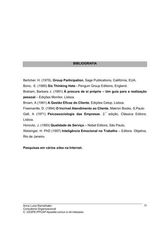 BIBLIOGRAFIA




Bertcher. H. (1979), Group Participation, Sage Publications, Califórnia, EUA.
Bono, E. (1985) Six Thinking Hats - Penguin Group Editions, England.
Braham, Barbara J. (1991) À procura de si próprio – Um guia para a realização
pessoal – Edições Monitor, Lisboa.
Brown, A (1991) A Gestão Eficaz do Cliente, Edições Cetop, Lisboa.
Freemantle, D. (1994) O Incrível Atendimento ao Cliente, Makron Books, S,Paulo
Gall, A (1971) Psicossociologia das Empresas, 2.ª edição, Clássica Editora,
Lisboa.
Horovitz, J. (1993) Qualidade de Serviço – Nobel Editora, São Paulo.
Weisinger, H. PhD (1997) Inteligência Emocional no Trabalho – Editora Objetiva,
Rio de Janeiro.


Pesquisas em vários sites na Internet.




Anna Luiza Ramsthaler-                                                          28
Consultoria Organizacional
C: CESPE-PPCAP-Apostila comun e rel interpess
 