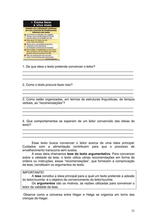 31
1. De que ideia o texto pretende convencer o leitor?
_______________________________________________________________
_______________________________________________________________
_______________________________________________________________
2. Como o texto procura fazer isso?
_______________________________________________________________
_______________________________________________________________
_______________________________________________________________
3. Como estão organizadas, em termos de estruturas linguísticas, de tempos
verbais, as “recomendações”?
_______________________________________________________________
_______________________________________________________________
_______________________________________________________________
4. Que comportamentos se esperam de um leitor convencido das ideias do
texto?
_______________________________________________________________
_______________________________________________________________
_______________________________________________________________
Esse texto busca convencer o leitor acerca de uma ideia principal:
Cuidados com a alimentação contribuem para que o processo de
envelhecimento transcorra sem sustos.
A essa ideia chamamos tese do texto argumentativo. Para convencer
sobre a validade da tese, o texto utiliza várias recomendações em forma de
ordens ou instruções; essas “recomendações”, que fornecem a comprovação
da tese, constituem os argumentos do texto.
IMPORTANTE!
A tese constitui a ideia principal para a qual um texto pretende a adesão
do leitor/ouvinte: é o objetivo de convencimento do leitor/ouvinte.
Os argumentos são os motivos, as razões utilizadas para convencer o
leitor da validade da tese.
Observe como a conversa entre Hagar e Helga se organiza em torno das
crenças de Hagar.
 