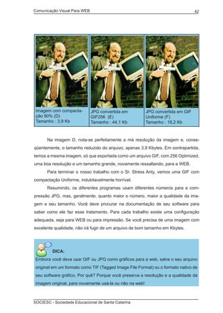 Comunicação Visual Para WEB								
SOCIESC - Sociedade Educacional de Santa Catarina						
42
Imagem com compacta-
ção 90% (D)
Tamanho : 3,9 Kb
JPG convertida em
GIF256 (E)
Tamanho : 44,1 Kb
JPG convertida em GIF
Uniforme (F)
Tamanho : 18,2 Kb
	 Na imagem D, nota-se perfeitamente a má resolução da imagem e, conse-
qüentemente, o tamanho reduzido do arquivo, apenas 3,9 Kbytes. Em contrapartida,
temos a mesma imagem, só que exportada como um arquivo GIF, com 256 Optimized,
uma boa resolução e um tamanho grande, novamente ressaltando, para a WEB.
	 Para terminar o nosso trabalho com o Sr. Stress Anty, vemos uma GIF com
compactação Uniforme, indubitavelmente horrível.
	 Resumindo, os diferentes programas usam diferentes números para a com-
pressão JPG, mas, geralmente, quanto maior o número, maior a qualidade da ima-
gem e seu tamanho. Você deve procurar na documentação de seu software para
saber como ele faz esse tratamento. Para cada trabalho existe uma configuração
adequada, seja para WEB ou para impressão. Se você precisa de uma imagem com
excelente qualidade, não irá fugir de um arquivo de bom tamanho em Kbytes.
DICA:
Embora você deva usar GIF ou JPG como gráficos para a web, salve o seu arquivo
original em um formato como TIF (Tagged Image File Format) ou o formato nativo de
seu software gráfico. Por quê? Porque você preserva a resolução e a qualidade da
imagem original, para novamente usá-la ou não na web!
 