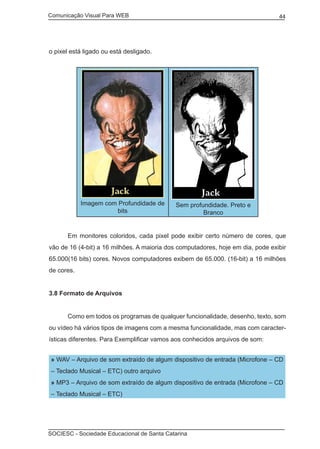 Comunicação Visual Para WEB								
SOCIESC - Sociedade Educacional de Santa Catarina						
44
o pixel está ligado ou está desligado.
Imagem com Profundidade de
bits
Sem profundidade. Preto e
Branco
	 Em monitores coloridos, cada pixel pode exibir certo número de cores, que
vão de 16 (4-bit) a 16 milhões. A maioria dos computadores, hoje em dia, pode exibir
65.000(16 bits) cores. Novos computadores exibem de 65.000. (16-bit) a 16 milhões
de cores.
3.8 Formato de Arquivos
	 Como em todos os programas de qualquer funcionalidade, desenho, texto, som
ou vídeo há vários tipos de imagens com a mesma funcionalidade, mas com caracter-
ísticas diferentes. Para Exemplificar vamos aos conhecidos arquivos de som:
» WAV – Arquivo de som extraído de algum dispositivo de entrada (Microfone – CD
– Teclado Musical – ETC) outro arquivo
» MP3 – Arquivo de som extraído de algum dispositivo de entrada (Microfone – CD
– Teclado Musical – ETC)
 