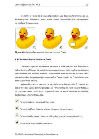Comunicação Visual Para WEB								
SOCIESC - Sociedade Educacional de Santa Catarina						
57
	 Conforme a Figura 30, é possível perceber o uso das duas ferramentas de se-
leção de pixels - Marquee e Lasso -, assim como a Ferramenta Erase, após remover
os pixels da área apontada.
Figura 30 - Uso das Ferramentas Marquee, Lasso e Erase.
4.4 Edição de objetos Vetoriais e Texto
	 O Fireworks possui ferramentas para criar e editar vetores. São ferramentas
extremamente eficientes para gerar desenhos complexos, cujos objetos são editados
manualmente, nos mínimos detalhes. A ferramenta texto destaca-se por uma vasta
gama de opções de configuração, accessível no Painel Inspetor de Propriedades, que
será exibido mais adiante.
	 Veja na Figura 31 o exemplo de uso de ferramentas vetoriais. É possível ob-
servar diversos estilos de linha gerados pela Ferramenta Line. Para explorar todas as
propriedades dessa, assim como as possibilidades de ajuste de outras ferramentas,
basta utilizar o Painel Properties.
Ferramenta Line - desenha linhas retas;
Ferramenta Pen - desenha através de pontos de ancoragem;
Ferramenta Rectangle - desenha retângulos, quadrados e arredondados;
Ferramenta Text - cria blocos de texto.
 