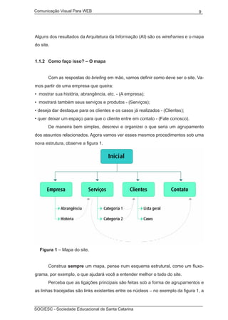 Comunicação Visual Para WEB								
SOCIESC - Sociedade Educacional de Santa Catarina						
9
Alguns dos resultados da Arquitetura da Informação (AI) são os wireframes e o mapa
do site.
1.1.2	 Como faço isso? – O mapa
	 Com as respostas do briefing em mão, vamos definir como deve ser o site. Va-
mos partir de uma empresa que queira:
• mostrar sua história, abrangência, etc. - (A empresa);
• mostrará também seus serviços e produtos - (Serviços);
• deseja dar destaque para os clientes e os casos já realizados - (Clientes);
• quer deixar um espaço para que o cliente entre em contato - (Fale conosco).
	 De maneira bem simples, descrevi e organizei o que seria um agrupamento
dos assuntos relacionados. Agora vamos ver esses mesmos procedimentos sob uma
nova estrutura, observe a figura 1.
Figura 1 – Mapa do site.
	 Construa sempre um mapa, pense num esquema estrutural, como um fluxo-
grama, por exemplo, o que ajudará você a entender melhor o todo do site.
	 Perceba que as ligações principais são feitas sob a forma de agrupamentos e
as linhas tracejadas são links existentes entre os núcleos – no exemplo da figura 1, a
 