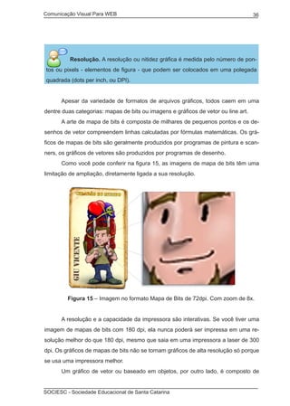 Comunicação Visual Para WEB								

36

Resolução. A resolução ou nitidez gráfica é medida pelo número de pontos ou pixels - elementos de figura - que podem ser colocados em uma polegada
quadrada (dots per inch, ou DPI).
	

Apesar da variedade de formatos de arquivos gráficos, todos caem em uma

dentre duas categorias: mapas de bits ou imagens e gráficos de vetor ou line art.
	

A arte de mapa de bits é composta de milhares de pequenos pontos e os de-

senhos de vetor compreendem linhas calculadas por fórmulas matemáticas. Os gráficos de mapas de bits são geralmente produzidos por programas de pintura e scanners, os gráficos de vetores são produzidos por programas de desenho.
	

Como você pode conferir na figura 15, as imagens de mapa de bits têm uma

limitação de ampliação, diretamente ligada a sua resolução.

	

Figura 15 – Imagem no formato Mapa de Bits de 72dpi. Com zoom de 8x.

	

A resolução e a capacidade da impressora são interativas. Se você tiver uma

imagem de mapas de bits com 180 dpi, ela nunca poderá ser impressa em uma resolução melhor do que 180 dpi, mesmo que saia em uma impressora a laser de 300
dpi. Os gráficos de mapas de bits não se tornam gráficos de alta resolução só porque
se usa uma impressora melhor.
	

Um gráfico de vetor ou baseado em objetos, por outro lado, é composto de

SOCIESC - Sociedade Educacional de Santa Catarina						

 