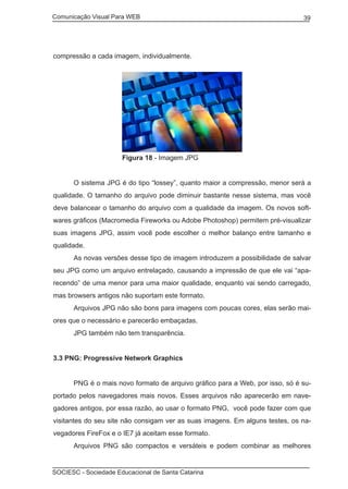 Comunicação Visual Para WEB								

39

compressão a cada imagem, individualmente.

			
	

Figura 18 - Imagem JPG

O sistema JPG é do tipo “lossey”, quanto maior a compressão, menor será a

qualidade. O tamanho do arquivo pode diminuir bastante nesse sistema, mas você
deve balancear o tamanho do arquivo com a qualidade da imagem. Os novos softwares gráficos (Macromedia Fireworks ou Adobe Photoshop) permitem pré-visualizar
suas imagens JPG, assim você pode escolher o melhor balanço entre tamanho e
qualidade.
	

As novas versões desse tipo de imagem introduzem a possibilidade de salvar

seu JPG como um arquivo entrelaçado, causando a impressão de que ele vai “aparecendo” de uma menor para uma maior qualidade, enquanto vai sendo carregado,
mas browsers antigos não suportam este formato.
	

Arquivos JPG não são bons para imagens com poucas cores, elas serão mai-

ores que o necessário e parecerão embaçadas.
	

JPG também não tem transparência.

3.3 PNG: Progressive Network Graphics
	

PNG é o mais novo formato de arquivo gráfico para a Web, por isso, só é su-

portado pelos navegadores mais novos. Esses arquivos não aparecerão em navegadores antigos, por essa razão, ao usar o formato PNG, você pode fazer com que
visitantes do seu site não consigam ver as suas imagens. Em alguns testes, os navegadores FireFox e o IE7 já aceitam esse formato.
	

Arquivos PNG são compactos e versáteis e podem combinar as melhores

SOCIESC - Sociedade Educacional de Santa Catarina						

 