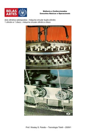 Malharia e Confeccionados
                                         Conceitos Básicos e Operacionais



dois cilindros sobrepostos - máquina circular duplo-cilindro
1 cilindro e 1 disco - máquina circular cilindro e disco




                         Prof. Wesley S. Paixão – Tecnologia Têxtil – 2009/1
 