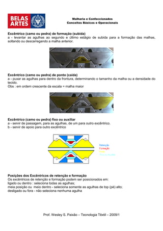 Malharia e Confeccionados
                                       Conceitos Básicos e Operacionais



Excêntrico (camo ou pedra) de formação (subida)
a - levantar as agulhas ao segundo e último estágio de subida para a formação das malhas,
soltando ou descarregando a malha anterior.




Excêntrico (camo ou pedra) de ponto (caída)
a - puxar as agulhas para dentro da frontura, determinando o tamanho da malha ou a densidade do
tecido.
Obs : em ordem crescente da escala = malha maior




Excêntrico (camo ou pedra) fixo ou auxiliar
a - servir de passagem, para as agulhas, de um para outro excêntrico.
b - servir de apoio para outro excêntrico




Posições dos Excêntricos de retenção e formação
Os excêntricos de retenção e formação podem ser posicionados em:
ligado ou dentro : seleciona todas as agulhas;
meia posição ou meio dentro - seleciona somente as agulhas de top (pé) alto;
desligado ou fora - não seleciona nenhuma agulha




                       Prof. Wesley S. Paixão – Tecnologia Têxtil – 2009/1
 