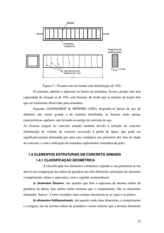 13
Figura 3 – Fissuras em um tirante com deformação de 10‰
O concreto, aderido e adjacente às barras da armadura, fissura, porque não tem
capacidade de alongar-se de 10‰ sem fissurar, de modo que as tensões de tração têm
que ser totalmente absorvidas pela armadura.
Segundo LEONHARDT & MÖNNIG (1982), dispondo-se barras de aço de
diâmetro não muito grande e de maneira distribuída, as fissuras terão apenas
características capilares, não levando ao perigo de corrosão do aço.
As fissuras surgem no concreto armado também devido à retração do concreto
(diminuição de volume do concreto associado à perda de água), que pode ser
significativamente diminuída por uma cura cuidadosa nos primeiros dez dias de idade
do concreto, e com a utilização de armadura suplementar (armadura de pele).
1.4.ELEMENTOS ESTRUTURAIS EM CONCRETO ARMADO
1.4.1 CLASSIFICAÇÃO GEOMÉTRICA
A classificação dos elementos estruturais segundo a sua geometria se faz
através da comparação da ordem de grandeza das três dimensões principais do elemento
(comprimento, altura e espessura), com a seguinte nomenclatura:
a) elementos lineares: são aqueles que têm a espessura da mesma ordem de
grandeza da altura, mas ambas muito menores que o comprimento. São os elementos
chamados “barras”. Como exemplos mais comuns encontram-se as vigas e os pilares.
b) elementos bidimensionais: são aqueles onde duas dimensões, o comprimento
e a largura, são da mesma ordem de grandeza e muito maiores que a terceira dimensão
 