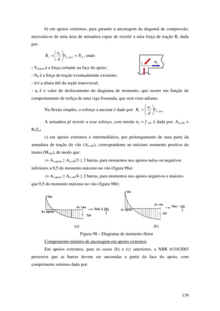 139
b) em apoios extremos, para garantir a ancoragem da diagonal de compressão,
necessita-se de uma área de armadura capaz de resistir a uma força de tração Rs dada
por:
dfaced
l
s NV
d
a
R +





= , , onde:
- Vd,face é a força cortante na face do apoio;
- Nd é a força de tração eventualmente existente;
- d é a altura útil da seção transversal;
- al é o valor do deslocamento do diagrama de momento, que ocorre em função do
comportamento de treliça de uma viga fissurada, que será visto adiante.
Na flexão simples, o esforço a ancorar é dado por: faced
l
s V
d
a
R ,





=
A armadura p/ resistir a esse esforço, com tensão σs = f yd, é dada por: As,calc =
Rs/fyd
c) em apoios extremos e intermediários, por prolongamento de uma parte da
armadura de tração do vão (As,vão), correspondente ao máximo momento positivo do
tramo (Mvão), de modo que:
⇒ As,apoio ≥ As,vão/3 ≥ 2 barras, para momentos nos apoios nulos ou negativos
inferiores a 0,5 do momento máximo no vão (figura 98a)
⇒ As,apoio ≥ As,vão/4 ≥ 2 barras, para momentos nos apoios negativos e maiores
que 0,5 do momento máximo no vão (figura 98b)
(a) (b)
Figura 98 – Diagrama de momento fletor
Comprimento mínimo de ancoragem em apoios extremos
Em apoios extremos, para os casos (b) e (c) anteriores, a NBR 6118/2003
prescreve que as barras devem ser ancoradas a partir da face do apoio, com
comprimento mínimo dado por:
 
