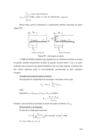 140






+≥
cm
dobramentoderaioorsendor
nteanteriormevistol
l
necb
mínbe
6
),5,5(
)(,
, φ
Desta forma, pode-se determinar o comprimento mínimo necessário do apoio
(figura 99):
Figura 99 – Ancoragem no apoio
A NBR 6118/2003 estabelece que quando houver cobrimento da barra no trecho
do gancho, medido normalmente ao plano do gancho, de pelo menos 7 cm, e as ações
acidentais não ocorrerem com grande freqüência com seu valor máximo, o primeiro dos
três valores anteriores pode ser desconsiderado, prevalecendo as duas condições
restantes.
Armadura necessária em apoios extremos
Na expressão do comprimento de ancoragem necessário, tem-se que:
mínb
efs
calcs
bnecb l
A
A
ll ,
,
,
1, ≥⋅⋅= α
onde:
Impondo lb,nec = lb,disponível e As,nec = As,ef, se obtém :
disponívelb
calcsb
necs
l
Al
A
,
,1
,
⋅⋅
=
α
Portanto, a área das barras ancoradas no apoio não pode ser inferior a As,nec.
Deslocamento al do diagrama
O valor de al é dado pela expressão:
( )
( )








−+
−
= αα gg
VV
V
da
cmáxSd
máxSd
l cotcot1
2 ,
,
, onde:
Vc = Vc0 = 0,6 . fctd . bw . d
(tabela 27)
 