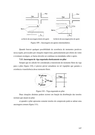147
Figura 109 – Ancoragem em apoios intermediários
Quando houver qualquer possibilidade da ocorrência de momentos positivos
nessa região, provocados por situações imprevistas, particularmente por efeitos de vento
e eventuais recalques, as barras deverão ser contínuas ou emendadas sobre o apoio.
7.13. Ancoragem de viga engastada elasticamente no pilar
Sempre que no cálculo for considerada a transmissão de momento fletor da viga
para o pilar (figura 110), é preciso prever armaduras no nó viga/pilar que garanta a
existência e transferência desse momento fletor.
Figura 110 – Viga engastada no pilar
Duas situações distintas podem ocorrer em função da distribuição das tensões
normais que atuam no pilar:
a) quando o pilar apresenta somente tensões de compressão pode-se adotar uma
ancoragem comum (figura 111).
 