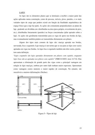 15
LAJES
As lajes são os elementos planos que se destinam a receber a maior parte das
ações aplicadas numa construção, como de pessoas, móveis, pisos, paredes, e os mais
variados tipos de carga que podem existir em função da finalidade arquitetônica do
espaço físico que a laje faz parte. As ações são comumente perpendiculares ao plano da
laje , podendo ser divididas em: distribuídas na área (peso próprio, revestimento de piso,
etc.), distribuídas linearmente (paredes) ou forças concentradas (pilar apoiado sobre a
laje). As ações são geralmente transmitidas para as vigas de apoio nas bordas da laje,
mas eventualmente também podem ser transmitidas diretamente aos pilares.
Alguns dos tipos mais comuns de lajes são: maciça apoiada nas bordas,
nervurada, lisa e cogumelo. Laje maciça é um termo que se usa para as lajes sem vazios
apoiadas em vigas nas bordas. As lajes lisa e cogumelo também não têm vazios, porém,
tem outra definição:
“Lajes cogumelo são lajes apoiadas diretamente em pilares com capitéis, enquanto
lajes lisas são as apoiadas nos pilares sem capitéis” (NBR 6118/03, item 14.7.8). Elas
apresentam a eliminação de grande parte das vigas como a principal vantagem em
relação às lajes maciças, embora por outro lado tenham maior espessura. Apresentam
como vantagens custos menores e maior rapidez de construção. No entanto, são
suscetíveis a maiores deformações (flechas).
Figura 5 – Tipos de laje
 