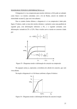 27
DIAGRAMAS TENSÃO X DEFORMAÇÃO (σ x ε)
O diagrama σ x ε na compressão para tensões inferiores a 0,5fc pode ser adotado
como linear e as tensões calculadas com a lei de Hooke, através do módulo de
elasticidade secante Ecs (que será visto adiante).
Para os estados limites últimos, o diagrama σ x ε na compressão é dado pela
figura 15 abaixo, onde se nota dois trechos distintos: o primeiro como uma parábola de
segundo grau, com deformações inferiores a 2‰, e o segundo constante, com
deformações variando de 2‰ a 3,5‰. Para o trecho curvo a tensão no concreto é dada
por:














−−=
2
‰2
1185,0 c
cdc f
ε
σ
Figura 15 – Diagramas tensão x deformação do concreto na compressão
Na equação acima fcd representa a resistência de cálculo do concreto, que será
vista adiante.
Na tração o diagrama σ x ε é bi-linear conforme a figura 16 abaixo:
Figura 16 – Diagrama tensão x deformação bi-linear do concreto à tração
 