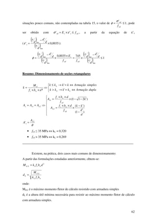 62
situações pouco comuns, não contempladas na tabela 15, o valor de 1
'
≤=
yd
sd
f
σ
φ , pode
ser obtido com ydsssd fE ≤×= '' εσ , a partir da equação de ε’s
(
( )
( ) 0035,0
'
'
lim
lim
×
−
=
d
x
d
d
d
x
sε ):
( )
( )
( )
( ) 1
'
7450035,0
'
lim
lim
lim
lim
≤
−
×=
×
×
−
=
d
x
d
d
d
x
ff
E
d
x
d
d
d
x
ydyd
s
φ
Resumo: Dimensionamento de seções retangulares



⇔=→>
⇔=→≤
⇒
××
=
duplaArmaçãokkkk
simplesArmaçãokkkk
dbf
M
k
LL
L
wc
d
'
'
²







−
−
×
××
=
−−×
××
=
⇒+=
)
'
1(
)'(
)'211(
2
1
21
d
d
kk
f
dbf
A
k
f
dbf
A
AAA
yd
wc
s
yd
wc
s
sss
φ
2
' s
s
A
A =
• fck ≤ 35 MPa ⇔ kL = 0,320
• fck > 35 MPa ⇔ kL = 0,269
______________________________________________________________________
Existem, na prática, dois casos mais comuns de dimensionamento:
A partir das formulações estudadas anteriormente, obtem-se:
2
1, dbfkM wcLd =
wcL
Ld
L
bfk
M
d
,
=
onde:
Md,L é o máximo momento fletor de cálculo resistido com armadura simples
dL é a altura útil mínima necessária para resistir ao máximo momento fletor de cálculo
com armadura simples.
 
