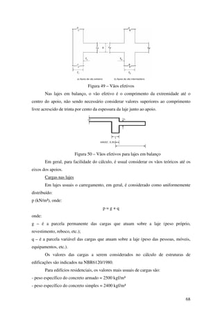 68
Figura 49 – Vãos efetivos
Nas lajes em balanço, o vão efetivo é o comprimento da extremidade até o
centro do apoio, não sendo necessário considerar valores superiores ao comprimento
livre acrescido de trinta por cento da espessura da laje junto ao apoio.
Figura 50 – Vãos efetivos para lajes em balanço
Em geral, para facilidade do cálculo, é usual considerar os vãos teóricos até os
eixos dos apoios.
Cargas nas lajes
Em lajes usuais o carregamento, em geral, é considerado como uniformemente
distribuído:
p (kN/m²), onde:
p = g + q
onde:
g – é a parcela permanente das cargas que atuam sobre a laje (peso próprio,
revestimento, reboco, etc.);
q – é a parcela variável das cargas que atuam sobre a laje (peso das pessoas, móveis,
equipamentos, etc.).
Os valores das cargas a serem considerados no cálculo de estruturas de
edificações são indicados na NBR6120/1980.
Para edifícios residenciais, os valores mais usuais de cargas são:
- peso específico do concreto armado = 2500 kgf/m³
- peso específico do concreto simples = 2400 kgf/m³
 
