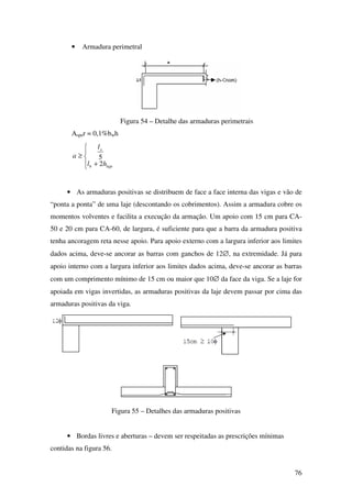 76
• Armadura perimetral
Figura 54 – Detalhe das armaduras perimetrais
Asper = 0,1%bwh




+
≥
lajeb
x
hl
l
a
2
5
• As armaduras positivas se distribuem de face a face interna das vigas e vão de
“ponta a ponta” de uma laje (descontando os cobrimentos). Assim a armadura cobre os
momentos volventes e facilita a execução da armação. Um apoio com 15 cm para CA-
50 e 20 cm para CA-60, de largura, é suficiente para que a barra da armadura positiva
tenha ancoragem reta nesse apoio. Para apoio externo com a largura inferior aos limites
dados acima, deve-se ancorar as barras com ganchos de 12∅, na extremidade. Já para
apoio interno com a largura inferior aos limites dados acima, deve-se ancorar as barras
com um comprimento mínimo de 15 cm ou maior que 10∅ da face da viga. Se a laje for
apoiada em vigas invertidas, as armaduras positivas da laje devem passar por cima das
armaduras positivas da viga.
Figura 55 – Detalhes das armaduras positivas
• Bordas livres e aberturas – devem ser respeitadas as prescrições mínimas
contidas na figura 56.
 