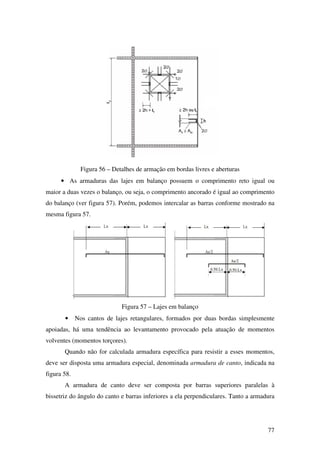 77
Figura 56 – Detalhes de armação em bordas livres e aberturas
• As armaduras das lajes em balanço possuem o comprimento reto igual ou
maior a duas vezes o balanço, ou seja, o comprimento ancorado é igual ao comprimento
do balanço (ver figura 57). Porém, podemos intercalar as barras conforme mostrado na
mesma figura 57.
Figura 57 – Lajes em balanço
• Nos cantos de lajes retangulares, formados por duas bordas simplesmente
apoiadas, há uma tendência ao levantamento provocado pela atuação de momentos
volventes (momentos torçores).
Quando não for calculada armadura específica para resistir a esses momentos,
deve ser disposta uma armadura especial, denominada armadura de canto, indicada na
figura 58.
A armadura de canto deve ser composta por barras superiores paralelas à
bissetriz do ângulo do canto e barras inferiores a ela perpendiculares. Tanto a armadura
 