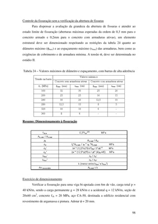 98
Controle da fissuração sem a verificação da abertura de fissuras
Para dispensar a avaliação da grandeza da abertura de fissuras e atender ao
estado limite de fissuração (aberturas máximas esperadas da ordem de 0,3 mm para o
concreto armado e 0,2mm para o concreto com armaduras ativas), um elemento
estrutural deve ser dimensionado respeitando as restrições da tabela 24 quanto ao
diâmetro máximo (φmax) e ao espaçamento máximo (smax) das armaduras, bem como as
exigências de cobrimento e de armadura mínima. A tensão σs deve ser determinada no
estádio II.
Tabela 24 – Valores máximos de diâmetro e espaçamento, com barras de alta aderência
Resumo: Dimensionamento à fissuração
Exercício de dimensionamento
Verificar a fissuração para uma viga bi-apoiada com 6m de vão, carga total p =
40 kN/m, sendo a carga permanente g = 28 kN/m e a acidental q = 12 kN/m, seção de
20x60 cm2
, concreto fck = 20 MPa, aço CA-50, destinada a edifício residencial com
revestimento de argamassa e pintura. Adotar φ = 20 mm.
 