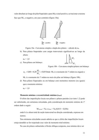 11
valor absoluto ao longo do pilar biapoiado e para MB o sinal positivo, se tracionar a mesma
face que MA, e negativo, em caso contrário (figura 10a).
Figura 10a - Curvaturas simples e dupla dos pilares – cálculo de αb.
b) Para pilares biapoiados com cargas transversais significativas ao longo da
altura:
αb = 1,0
c) Para pilares em balanço:
85,020,080,0 
A
C
b
M
M
 Onde: MA é o momento de 1ª ordem no engaste e
MC é o momento de 1ª ordem no meio do pilar em balanço (figura 10b).
d) Para pilares biapoiados ou em balanço com momentos menores (ou iguais)
que o momento mínimo:
αb = 1,0
Momento mínimo e excentricidade mínima (emín)
O efeito das imperfeições locais nos pilares e pilares-paredes (ver item 1.2) pode
ser substituído, em estruturas reticuladas, pela consideração do momento mínimo de 1ª
ordem dado a seguir:
M1d,mín = Nd x emín = Nd (0,015 + 0,03h)
onde h é a altura total da seção transversal na direção considerada, expressa em
metros.
Nas estruturas reticuladas usuais admite-se que o efeito das imperfeições locais
esteja atendido se for respeitado esse valor de momento total mínimo.
No caso de pilares submetidos à flexão oblíqua composta, esse mínimo deve ser
Figura 10b – Curvatura simples/pilares em balanço
 