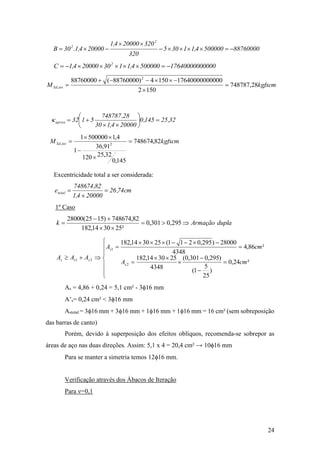 24
887600005000004,11305
320
320200004,1
200004,1.30B
2
2



000017640000005000004,1130200004,1C 2

kgfxcmM totSd 28,748787
1502
000017640000001504)88760000(88760000 2
, 



32,25145,0
200004,130
28,748787
5132aprox 







kgfxcmM totSd 82,748674
145,0
32,25120
91,36
1
4,15000001
2, 




Excentricidade total a ser considerada:
cm74,26
200004,1
82,748674
etotal 


1º Caso
duplaArmaçãok 


 295,0301,0
²253014,182
82,748674)1525(28000

















²24,0
)
25
5
1(
)295,0301,0(
4348
253014,182
²86,4
4348
28000)295,0211(253014,182
2
1
21
cmA
cmA
AAA
s
s
sss
As = 4,86 + 0,24 = 5,1 cm² - 316 mm
A’s= 0,24 cm² < 316 mm
Astotal = 316 mm + 316 mm + 116 mm + 116 mm = 16 cm² (sem sobreposição
das barras de canto)
Porém, devido à superposição dos efeitos oblíquos, recomenda-se sobrepor as
áreas de aço nas duas direções. Assim: 5,1 x 4 = 20,4 cm² → 1016 mm
Para se manter a simetria temos 1216 mm.
Verificação através dos Ábacos de Iteração
Para =0,1
 