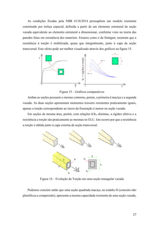 27
As condições fixadas pela NBR 6118/2014 pressupõem um modelo resistente
constituído por treliça espacial, definida a partir de um elemento estrutural de seção
vazada equivalente ao elemento estrutural a dimensionar, conforme visto na teoria das
paredes finas em resistência dos materiais. Ensaios como o de Stuttgart, mostram que a
resistência à torção é mobilizada, quase que integralmente, junto à capa da seção
transversal. Este efeito pode ser melhor visualizado através dos gráficos na figura 15.
Figura 15 – Gráficos comparativos
Ambas as seções possuem o mesmo contorno, porem, a primeira é maciça e a segunda
vazada. As duas seções apresentam momentos torsores resistentes praticamente iguais,
apenas a torção correspondente ao inicio da fissuração é menor na seção vazada.
Em seções de mesma área, porém, com relações h/bw distintas, a rigidez efetiva e a
resistência a torção são praticamente as mesmas no ELU. Isto ocorre por que a resistência
a torção é obtida junto à capa externa da seção transversal.
Figura 16 – Evolução da Torção em uma seção retangular vazada
Podemos concluir então que uma seção quadrada maciça, no estádio II (concreto não
plastificou a compressão), apresenta a mesma capacidade resistente de uma seção vazada,
 