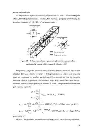 28
com armaduras iguais.
As diagonais de compressão dessa treliça espacial descrita acima e mostrada na figura
abaixo, formada por elementos de concreto, têm inclinação que pode ser arbitrada pelo
projeto no intervalo 30º    45º (45º seria conservador).
Figura 17 – Treliça espacial para viga com torção simples com armadura
longitudinal e transversal (Leonhardt & Mönnig, 1982)
Sempre que a torção for necessária ao equilíbrio do elemento estrutural, deve existir
armadura destinada a resistir aos esforços de tração oriundos da torção. Essa armadura
deve ser constituída por estribos verticais periféricos normais ao eixo do elemento
estrutural e barras longitudinais distribuídas ao longo do perímetro da seção resistente,
calculada de acordo com as prescrições normativas e com a taxa geométrica mínima dada
pela seguinte expressão:
MPafcom
sb
A
uh
A
ywkmínw
w
sw
sw
ee
sl
sl
500, 









r
r
r
3/2
3/2
, %012,0
3,0
2,02,0 ck
y
ck
ywk
ctm
mínw f
f
f
f
f
r (fck em MPa e menor que C55)
)11,01ln(%0848,0
)11,01ln(12,2
2,02,0, ck
y
ck
ywk
ctm
mínw f
f
f
f
f


r (fck em MPa e
maior que C55)
Quando a torção não for necessária ao equilíbrio, caso da torção de compatibilidade,
 