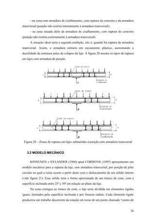 36
- na zona com armadura de cisalhamento, com ruptura do concreto e da armadura
transversal (punção não restrita internamente à armadura transversal);
- na zona situada além da armadura de cisalhamento, com ruptura do concreto
(punção não restrita externamente à armadura transversal).
A situação ideal seria a segunda condição, isto é, quando há ruptura da armadura
transversal. Assim, a armadura entraria em escoamento plástico, aumentando a
ductilidade da estrutura antes do colapso da laje. A figura 20 mostra os tipos de ruptura
em lajes com armadura de punção.
Figura 20 – Zonas de ruptura em lajes submetidas à punção com armadura transversal
3.2 MODELO MECÂNICO
KINNUNEN e NYLANDER (1960) apud CORDOVIL (1997) apresentaram um
modelo mecânico para a ruptura da laje, sem armadura transversal, por punção de pilar
circular no qual a ruína ocorre a partir deste com o deslocamento de um sólido interno
(vide figura 21). Esse sólido teria a forma aproximada de um tronco de cone, com a
superfície inclinada entre 25º e 30º em relação ao plano da laje.
Na zona contígua ao tronco de cone, a laje seria dividida em elementos rígidos
iguais, limitados pela superfície inclinada e por fissuras radiais. Cada elemento rígido
produziria um trabalho decorrente da rotação em torno de um ponto chamado “centro de
 