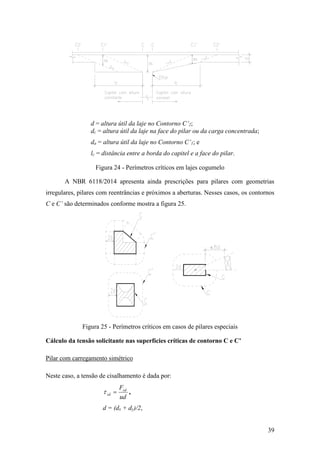 39
d = altura útil da laje no Contorno C’2;
dc = altura útil da laje na face do pilar ou da carga concentrada;
da = altura útil da laje no Contorno C’1; e
lc = distância entre a borda do capitel e a face do pilar.
Figura 24 - Perímetros críticos em lajes cogumelo
A NBR 6118/2014 apresenta ainda prescrições para pilares com geometrias
irregulares, pilares com reentrâncias e próximos a aberturas. Nesses casos, os contornos
C e C’ são determinados conforme mostra a figura 25.
Figura 25 - Perímetros críticos em casos de pilares especiais
Cálculo da tensão solicitante nas superfícies críticas de contorno C e C’
Pilar com carregamento simétrico
Neste caso, a tensão de cisalhamento é dada por:
ud
Fsd
sd  ,
d = (dx + dy)/2,
 