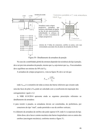 46
Figura 30 - Detalhamento da armadura de punção
No caso de a estabilidade global da estrutura depender da resistência da laje à punção,
deve ser prevista armadura de punção, mesmo que Sd seja menor que Rd1. Essa armadura
deve equilibrar um mínimo de 50% de FSd.
A armadura de colapso progressivo, vista na figura 30, deve ser tal que:
yd
Sd
ccp,s
f
F5,1
A 
onde As,ccp é o somatório de todas as áreas das barras inferiores que cruzam cada
uma das faces do pilar e FSd pode ser calculado com γf (coeficiente de majoração dos
carregamentos) igual a 1,2.
A NBR 6118/2014 apresenta ainda as seguintes prescrições referentes ao
detalhamento da armadura:
 para resistir à punção, as armaduras devem ser constituídas, de preferência, por
conectores do tipo “stud”, sendo permitido o uso de estribos verticais;
 o diâmetro da armadura de estribos não pode superar h/20, onde h é a espessura da laje.
Além disso, deve haver contato mecânico das barras longitudinais com os cantos dos
estribos (ancoragem mecânica), conforme mostra a figura 31;
mínimo de 3 linhas de conectores, estribos ou pinos, com suas
extremidades ancoradas fora do plano da armadura de flexão
Armadura contra colapso
progressivo (armadura que
aumenta a ductilidade da ligação
na fase de pós puncionamento,
redistribuindo os esforços de
modo a evitar a ocorrência do
colapso progressivo)
 