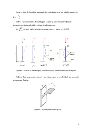 5
Como revisão da disciplina resistência dos materiais tem-se que o índice de esbeltez
é:
i
l fl

onde lfl é o comprimento de flambagem (figura 4), também conhecido como
comprimento destravado e i é o raio de giração dado por:
hitemosgularesrestranversaiseçõespara
A
Ii 289,0:,tan 
Figura 4 – Pontos de inflexão para determinação do comprimento de flambagem
Pode-se dizer que, quanto maior a esbeltez, maior a possibilidade do elemento
comprimido flambar.
Figura 5 – Flambagem de uma placa
 