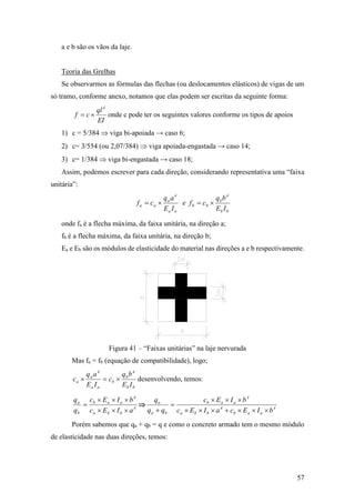 57
a e b são os vãos da laje.
Teoria das Grelhas
Se observarmos as fórmulas das flechas (ou deslocamentos elásticos) de vigas de um
só tramo, conforme anexo, notamos que elas podem ser escritas da seguinte forma:
EI
ql
cf
4
 onde c pode ter os seguintes valores conforme os tipos de apoios
1) c = 5/384  viga bi-apoiada → caso 6;
2) c= 3/554 (ou 2,07/384)  viga apoiada-engastada → caso 14;
3) c= 1/384  viga bi-engastada → caso 18;
Assim, podemos escrever para cada direção, considerando representativa uma “faixa
unitária”:
bb
4
b
bb
aa
4
a
aa
IE
bq
cfe
IE
aq
cf 
onde fa é a flecha máxima, da faixa unitária, na direção a;
fb é a flecha máxima, da faixa unitária, na direção b;
Ea e Eb são os módulos de elasticidade do material nas direções a e b respectivamente.
Figura 41 – “Faixas unitárias” na laje nervurada
Mas fa = fb (equação de compatibilidade), logo;
bb
4
b
b
aa
4
a
a
IE
bq
c
IE
aq
c  desenvolvendo, temos:
4
bba
4
aab
b
a
aIEc
bIEc
q
q


  4
aab
4
bba
4
aab
ba
a
bIEcaIEc
bIEc
qq
q




Porém sabemos que qa + qb = q e como o concreto armado tem o mesmo módulo
de elasticidade nas duas direções, temos:
 