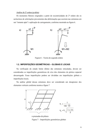 6
Análise de 2ª ordem (p-delta)
Os momentos fletores originados a partir de excentricidades de 2ª ordem são os
acréscimos de solicitações provenientes das deformações que ocorrem nas estruturas em
um “instante após” a aplicação do carregamento, conforme mostrado na figura 6.
Figura 6 – Teoria de segunda ordem
1.2. IMPERFEIÇÕES GEOMÉTRICAS – GLOBAIS E LOCAIS
Na verificação do estado limite último das estruturas reticuladas, devem ser
consideradas as imperfeições geométricas do eixo dos elementos do pórtico espacial
descarregado. Essas imperfeições podem ser divididas em imperfeições globais e
imperfeições locais.
Na análise global dessas estruturas deve ser considerado um desaprumo dos
elementos verticais conforme mostra a figura 7
n prumadas de pilares
Figura 7 – Imperfeições geométricas globais
 