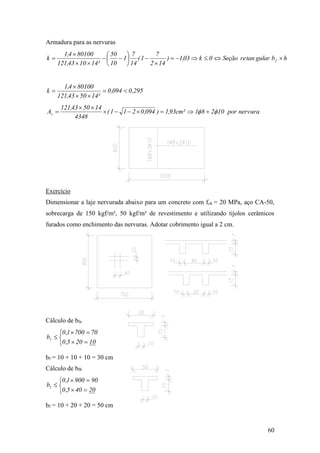 60
Armadura para as nervuras
hbgulartanreSeção0k03,1)
142
7
1(
14
7
1
10
50
²141043,121
801004,1
k f 











295,0094,0
²145043,121
801004,1
k 



nervurapor10281²cm93,1)094,0211(
4348
145043,121
As  


Exercício
Dimensionar a laje nervurada abaixo para um concreto com fck = 20 MPa, aço CA-50,
sobrecarga de 150 kgf/m², 50 kgf/m² de revestimento e utilizando tijolos cerâmicos
furados como enchimento das nervuras. Adotar cobrimento igual a 2 cm.
Cálculo de bfa






10205,0
707001,0
b1
bf = 10 + 10 + 10 = 30 cm
Cálculo de bfb






20405,0
909001,0
b1
bf = 10 + 20 + 20 = 50 cm
 