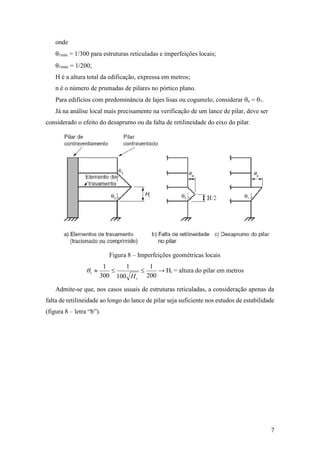 7
onde
1mín = 1/300 para estruturas reticuladas e imperfeições locais;
1máx = 1/200;
H é a altura total da edificação, expressa em metros;
n é o número de prumadas de pilares no pórtico plano.
Para edifícios com predominância de lajes lisas ou cogumelo, considerar a = 1.
Já na análise local mais precisamente na verificação de um lance de pilar, deve ser
considerado o efeito do desaprumo ou da falta de retilineidade do eixo do pilar.
Figura 8 – Imperfeições geométricas locais
200
1
100
1
300
1
1 
iH
 → Hi = altura do pilar em metros
Admite-se que, nos casos usuais de estruturas reticuladas, a consideração apenas da
falta de retilineidade ao longo do lance de pilar seja suficiente nos estudos de estabilidade
(figura 8 – letra “b”).
 
