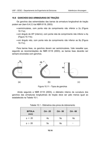 USP – EESC – Departamento de Engenharia de Estruturas Aderência e Ancoragem
10.14
1100..88 GGAANNCCHHOOSS DDAASS AARRMMAADDUURRAASS DDEE TTRRAAÇÇÃÃOO
Os ganchos das extremidades das barras da armadura longitudinal de tração
podem ser (item 9.4.2.3 da NBR 6118, 2003):
• semicirculares, com ponta reta de comprimento não inferior a 2φ (Figura
10.11a);
• em ângulo de 45º (interno), com ponta reta de comprimento não inferior a 4φ
(Figura 10.11b);
• em ângulo reto, com ponta reta de comprimento não inferior as 8φ (Figura
10.11c).
Para barras lisas, os ganchos devem ser semicirculares. Vale ressaltar que,
segundo as recomendações da NBR 6118 (2003), as barras lisas deverão ser
sempre ancoradas com ganchos.
(a) (b) (c)
Figura 10.11 - Tipos de ganchos
Ainda segundo a NBR 6118 (2003), o diâmetro interno da curvatura dos
ganchos das armaduras longitudinais de tração deve ser pelo menos igual ao
estabelecido na Tabela 10.1.
Tabela 10.1 - Diâmetros dos pinos de dobramento
BITOLA
(mm)
CA - 25 CA - 50 CA - 60
φ < 20 4φ 5φ 6φ
φ ≥ 20 5φ 8φ -
 